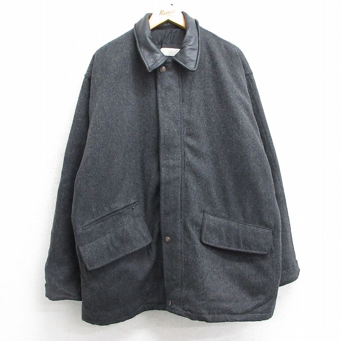 XL★古着 ペリーエリス 長袖 ウール ジャケット メンズ 90年代 90s 襟レザー 大きいサイズ ロング丈 グレー 内側キルティング 25feb07 中古 アウター