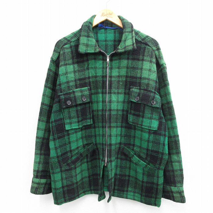 XL★古着 長袖 ウール ジャケット メンズ 80年代 80s 大きいサイズ 緑他 グリーン チェック 25oct07 中古 アウター