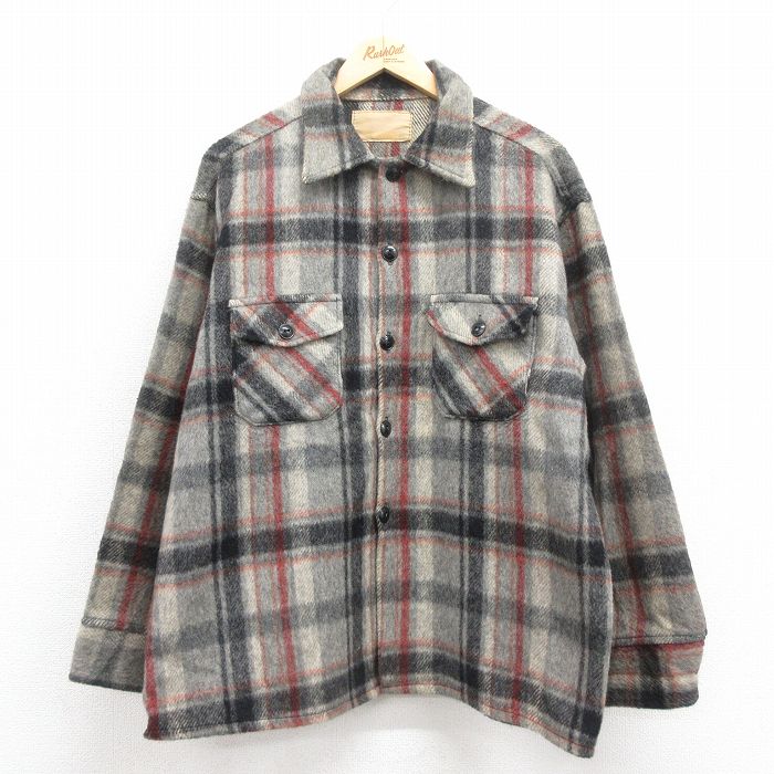 XL★古着 長袖 ウール ジャケット メンズ 80年代 80s グレー チェック 25oct08 中古 アウター
