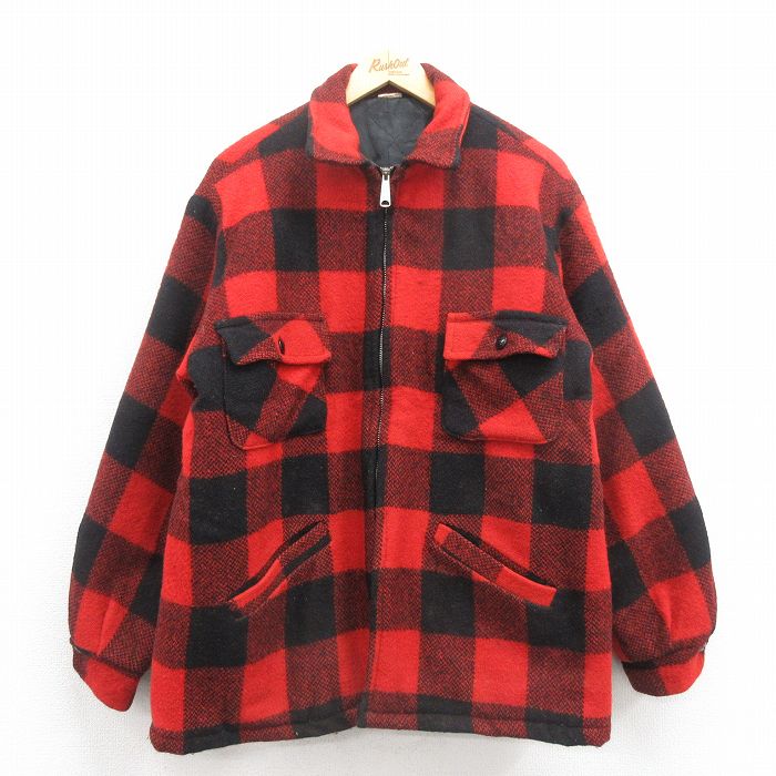 XL★古着 長袖 ウール ジャケット メンズ 80年代 80s 赤他 レッド バッファロー チェック 内側キルティング 25oct08 中古 アウター