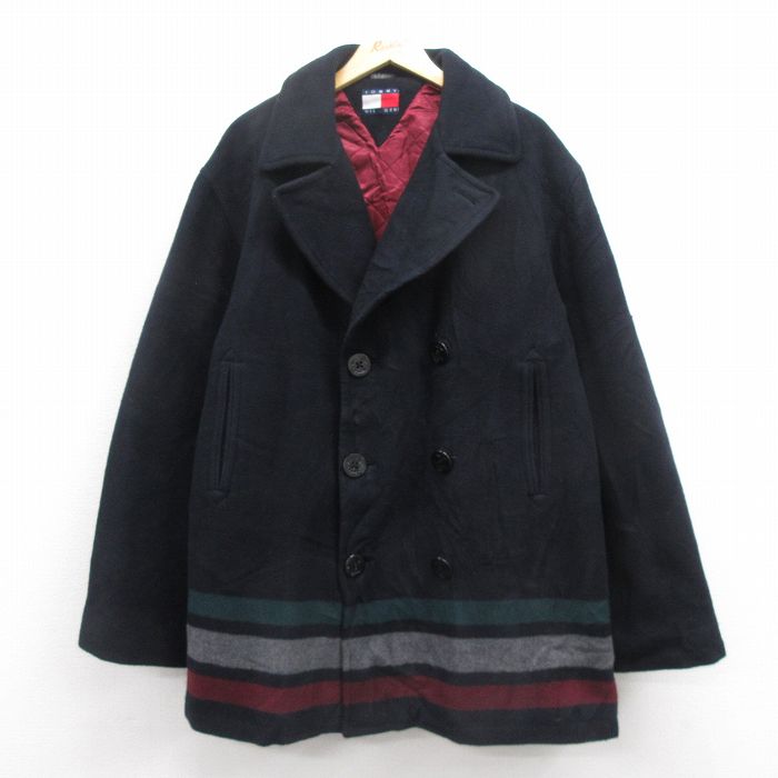XL★古着 トミーヒルフィガー TOMMY HILFIGER 長袖 ブランド ウール ピーコート Pコート メンズ 90年代 90s 大きいサイズ ロング丈 黒 ブラック 内側キルティング 【spe】 25oct17 中古 アウター