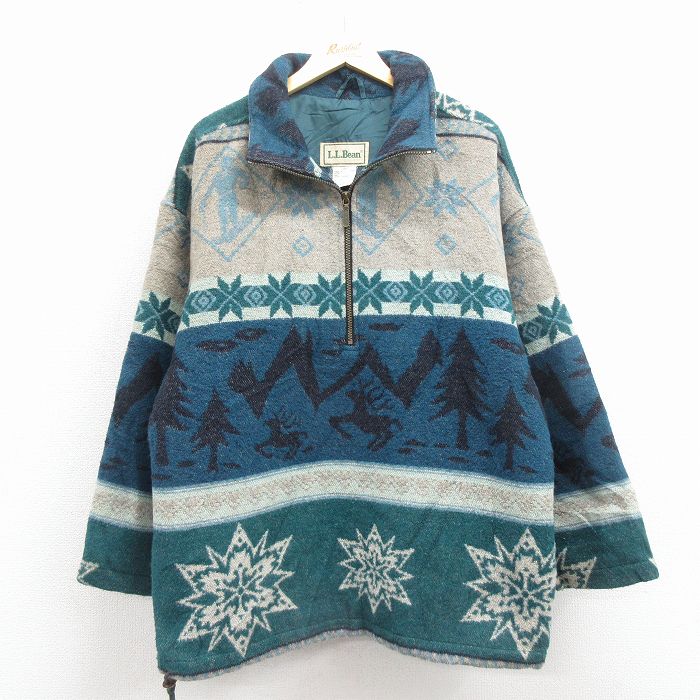 XL★古着 エルエルビーン 長袖 ウール ハーフジップ ジャケット メンズ 90年代 90s 雪柄 青緑他【spe】 25nov18