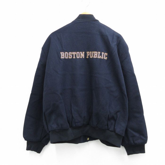 XL★古着 長袖 ウール ジャケット メンズ 90年代 90s BOSTON 刺繍 大きいサイズ USA製 紺 25nov18