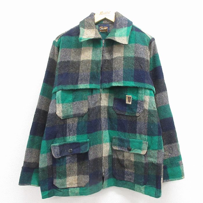 L★古着 長袖 ウール ジャケット メンズ 80年代 80s カナダ製 緑他 チェック 25dec03