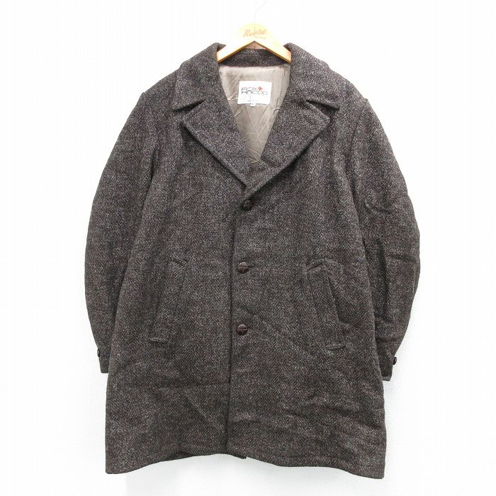 XL★古着 長袖 ウール コート メンズ 90年代 90s ロング丈 USA製 茶 内側ボア 26jan05