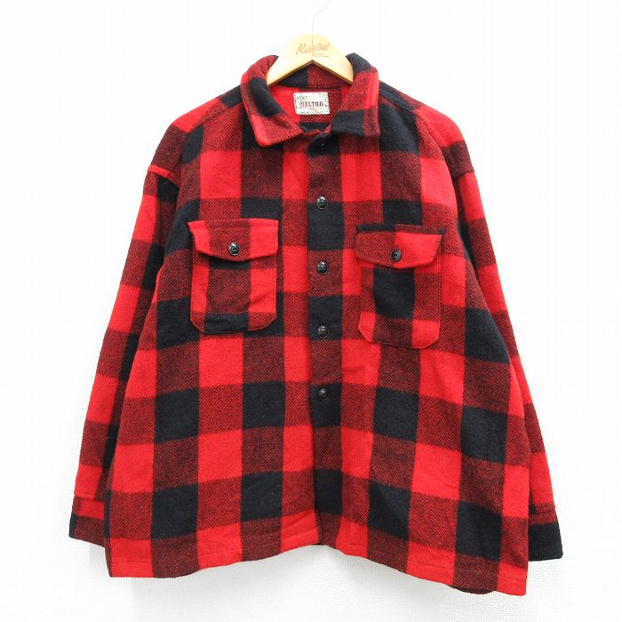 XL★古着 メルトン MELTON 長袖 ビンテージ ウール ジャケット メンズ 70年代 70s 大きいサイズ 赤他 バッファロー チェック【spe】 26jan05