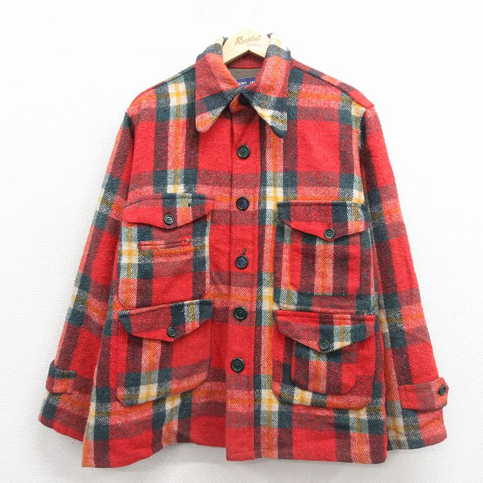 XL★古着 長袖 ウール ジャケット メンズ 80年代 80s 赤他 チェック 26jan08