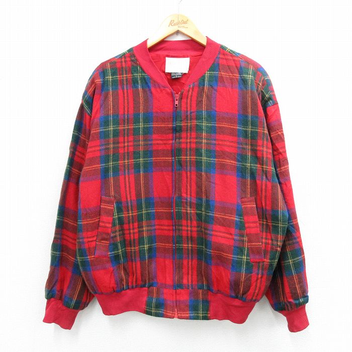 XL★古着 長袖 ウール ジャケット メンズ 90年代 90s 赤他 タータン チェック 26jan19