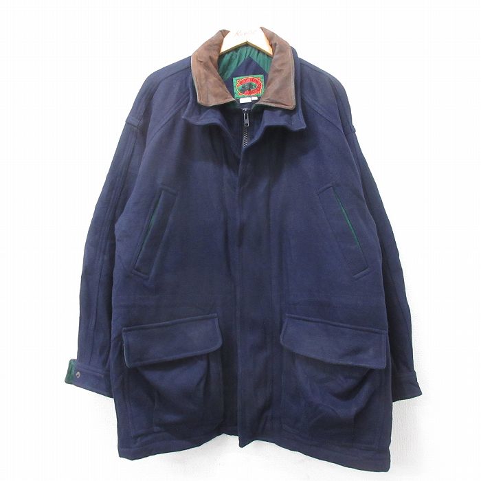 XL★古着 ボストントレーダース 長袖 ウール ジャケット メンズ 00年代 00s 襟レザー ロング丈 紺他 内側キルティング 26jan21