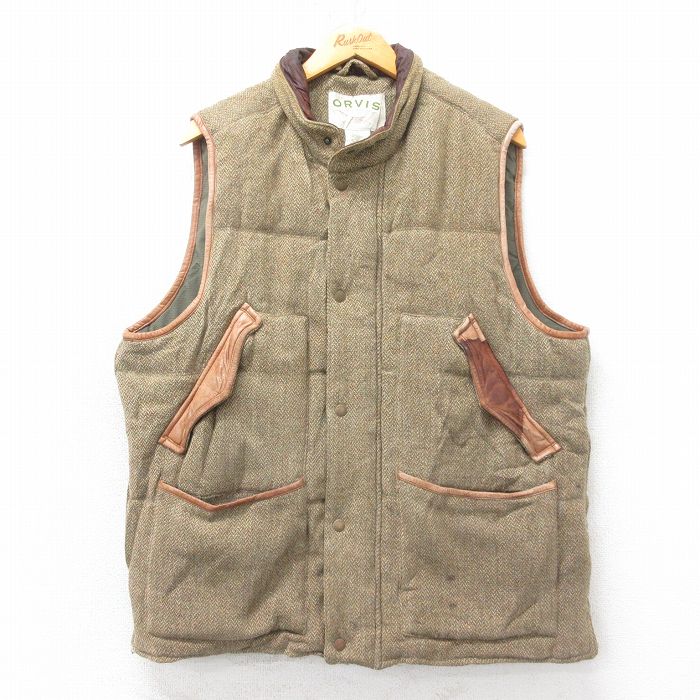 XL★古着 オービス ウール ベスト メンズ 00年代 00s レザー使用 ベージュ他 内側メッシュ 26jan21