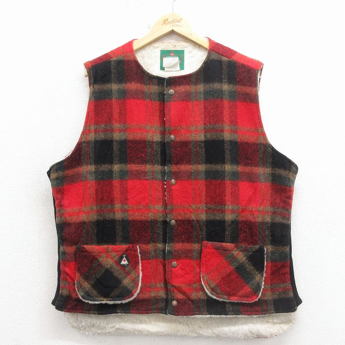 XL★古着 ウール ベスト メンズ 90年代 90s カナダ製 赤他 チェック 内側ボア 26feb14