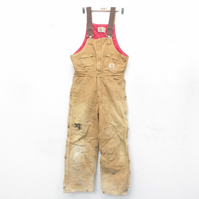 【20%OFF】W34★古着 カーハート Carhartt オーバーオール メンズ 90年代 90s ダック地 コットン USA製 茶 ブラウン 内側キルティング 24oct22 中古 ボトムス