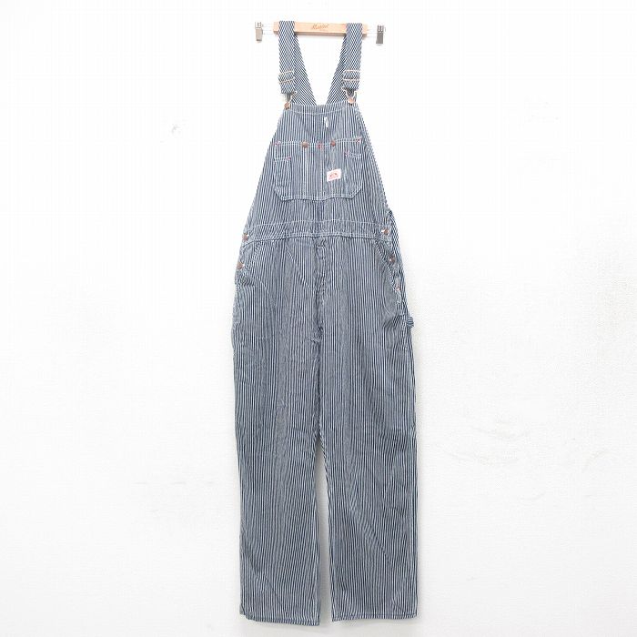 W42★古着 ラウンドハウス オーバーオール メンズ 90年代 90s 大きいサイズ コットン USA製 紺 ネイビー ヒッコリー ストライプ 【spe】 24nov12 中古 ボトムス