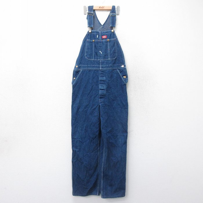 W36★古着 ディッキーズ Dickies オーバーオール メンズ 90年代 90s コットン USA製 紺 ネイビー デニム 24dec10 中古 ボトムス