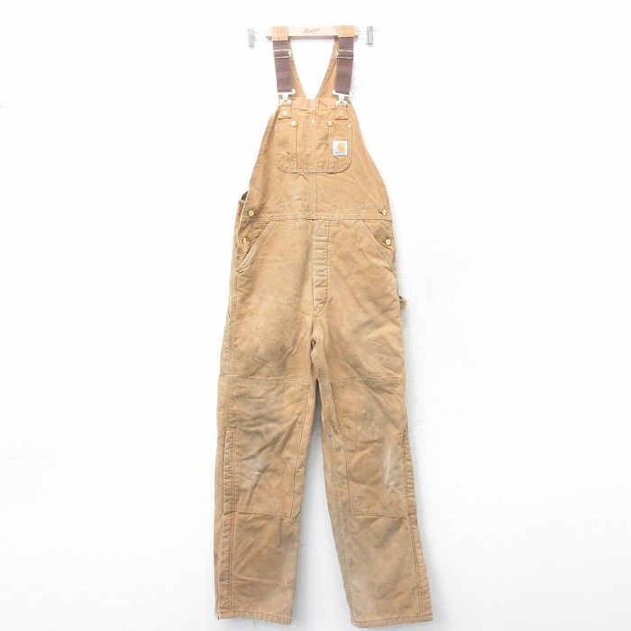 【20%OFF】W34★古着 カーハート Carhartt オーバーオール メンズ 90年代 90s ダブルニー ダック地 コットン USA製 茶 ブラウン 内側キルティング 25jan31 中古 ボトムス