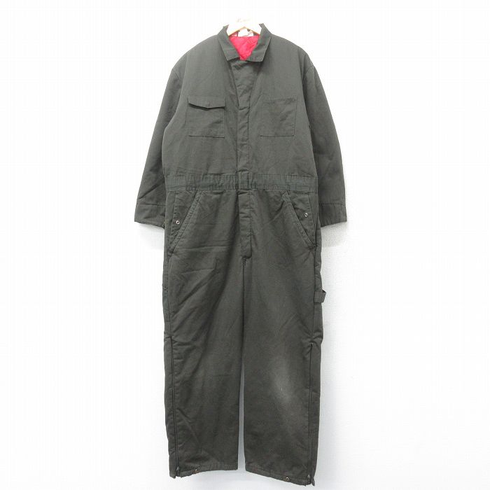 W45★古着 ディッキーズ Dickies 長袖 ワーク ツナギ メンズ 90年代 90s 大きいサイズ 濃緑 グリーン 内側キルティング 25jan31 中古 オールインワン ボトムス