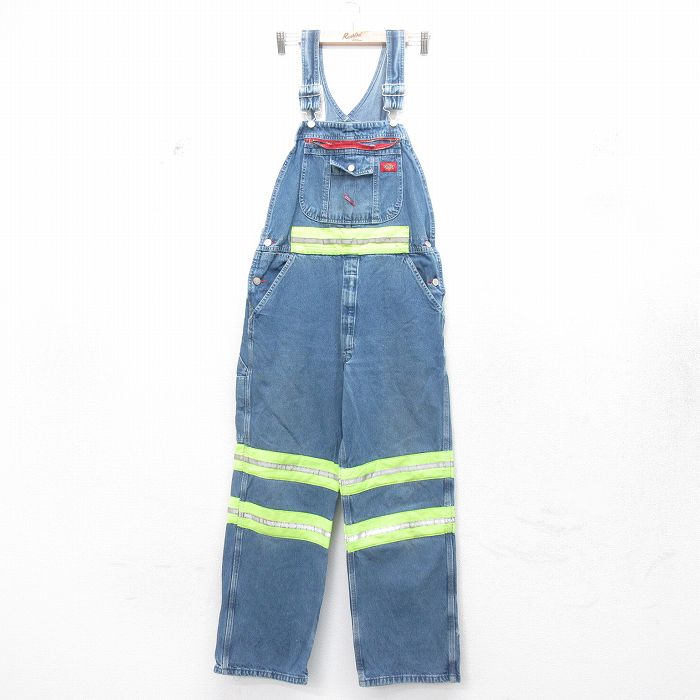 W35★古着 ディッキーズ Dickies オーバーオール メンズ リフレクター コットン 紺 ネイビー デニム 25feb08 中古 ボトムス