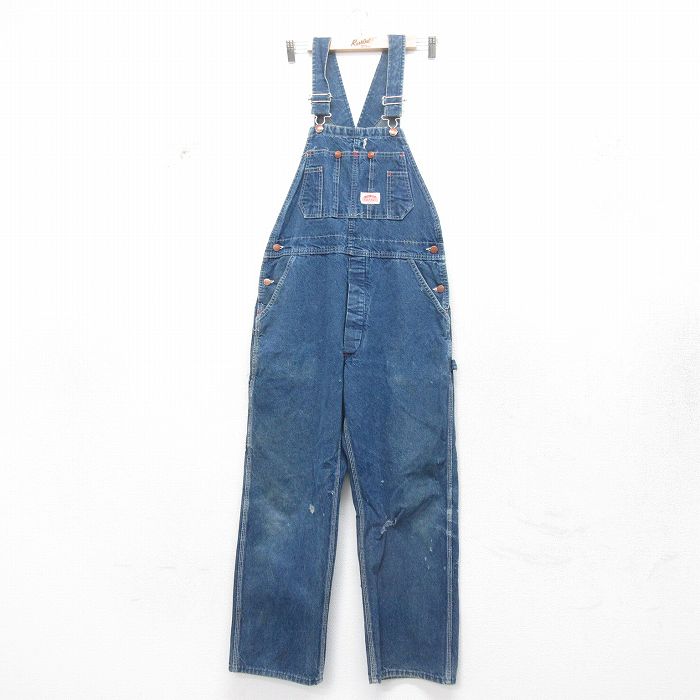 W35★古着 ラウンドハウス オーバーオール メンズ 90年代 90s コットン USA製 紺 ネイビー デニム 25feb08 中古 ボトムス