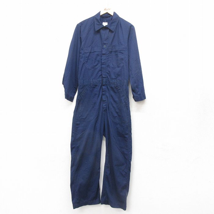 W32★古着 長袖 ミリタリー ベイカー ツナギ メンズ 80年代 80s 紺 ネイビー 25feb10 中古 オールインワン ボトムス