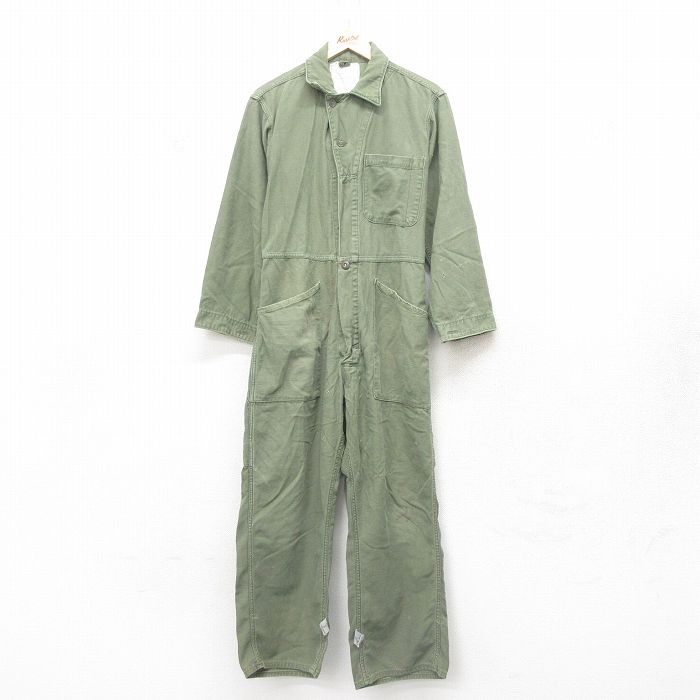 W32★古着 長袖 ミリタリー ベイカー ツナギ メンズ 80年代 80s コットン USA製 緑 グリーン 25feb10 中古 オールインワン ボトムス