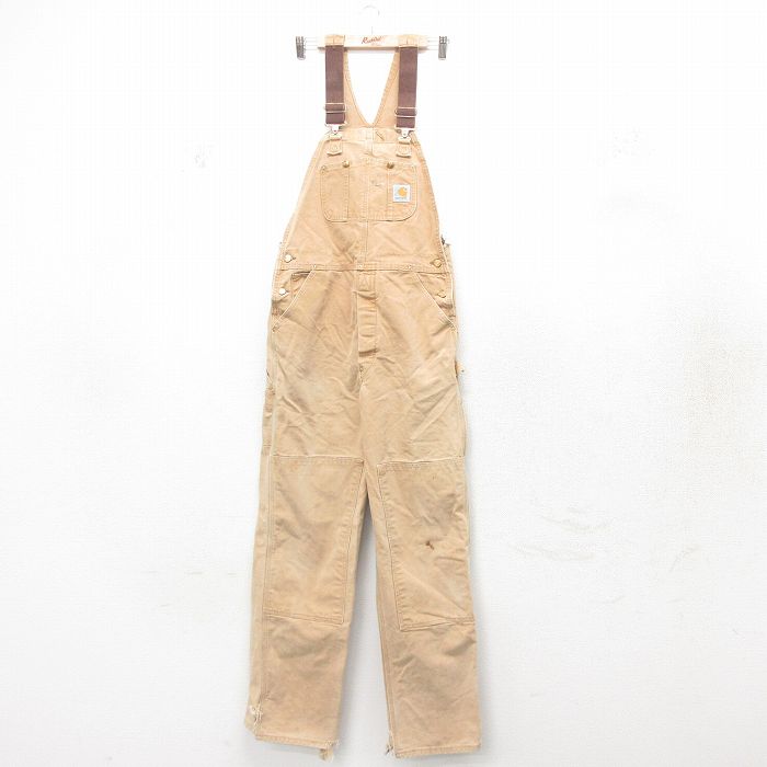 【20%OFF】W34★古着 カーハート Carhartt オーバーオール メンズ 90年代 90s ダブルニー ダック地 コットン USA製 茶 ブラウン 25feb10 中古 ボトムス