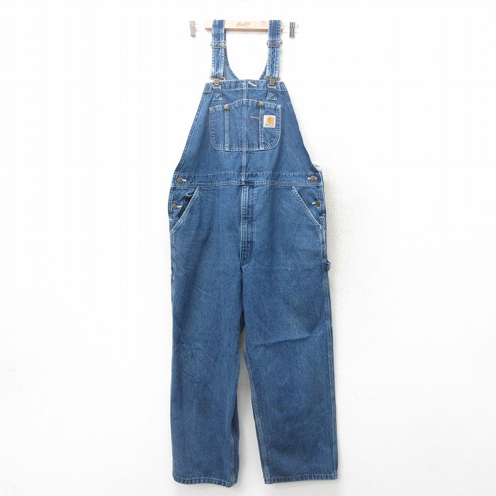 W44★古着 カーハート Carhartt オーバーオール メンズ 大きいサイズ コットン 紺 ネイビー デニム 25mar05 中古 ボトムス