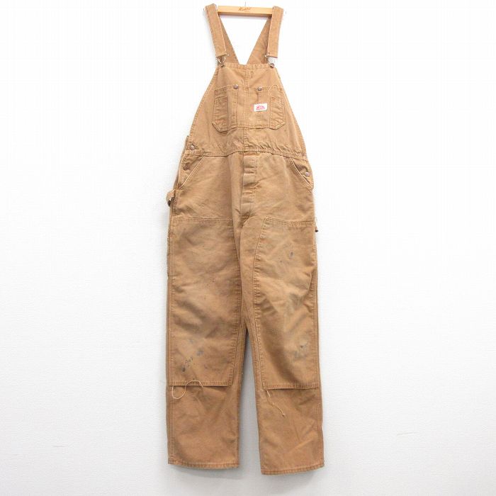 W37★古着 ラウンドハウス オーバーオール メンズ 90年代 90s ダック地 ダブルニー コットン USA製 茶 ブラウン 25mar08 中古 ボトムス