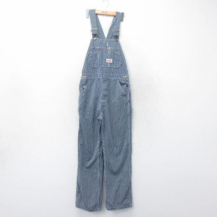 W32★古着 ラウンドハウス オーバーオール メンズ 90年代 90s ヒッコリー コットン USA製 紺他 ネイビー ストライプ 25mar19 中古 ボトムス