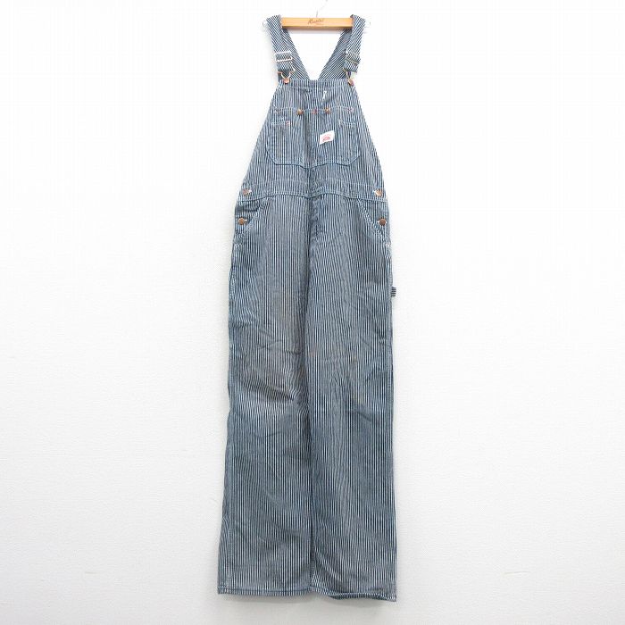 W36★古着 ラウンドハウス オーバーオール メンズ 90年代 90s コットン USA製 濃紺他 ネイビー ヒッコリー ストライプ 【spe】 25mar22 中古 ボトムス