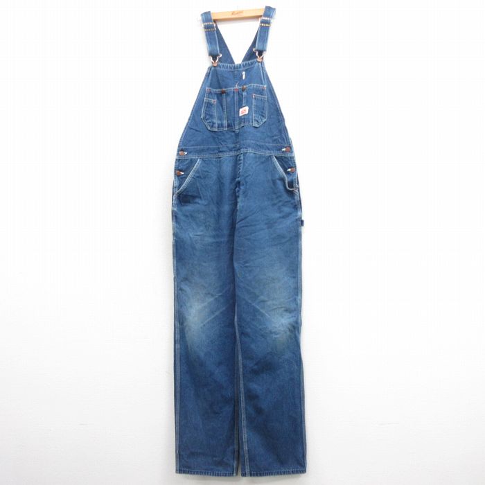 W37★古着 ラウンドハウス オーバーオール メンズ 90年代 90s コットン USA製 紺 ネイビー デニム 25mar22 中古 ボトムス
