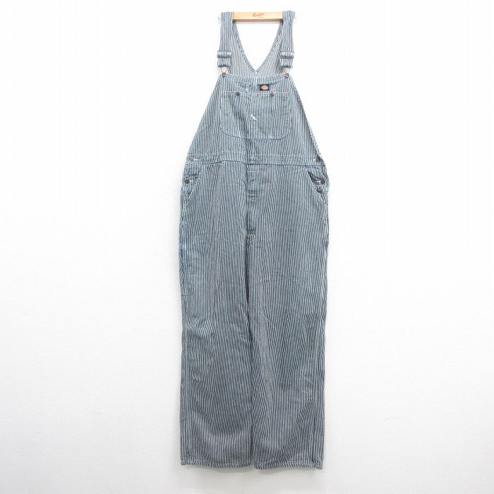 W43★古着 ディッキーズ Dickies オーバーオール メンズ 大きいサイズ 濃紺他 ネイビー ヒッコリー ストライプ 25mar22 中古 ボトムス