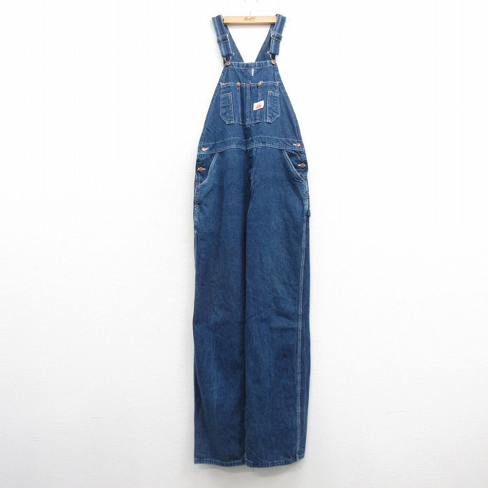 W37★古着 ラウンドハウス オーバーオール メンズ 90年代 90s コットン USA製 紺 ネイビー デニム 25mar22 中古 ボトムス