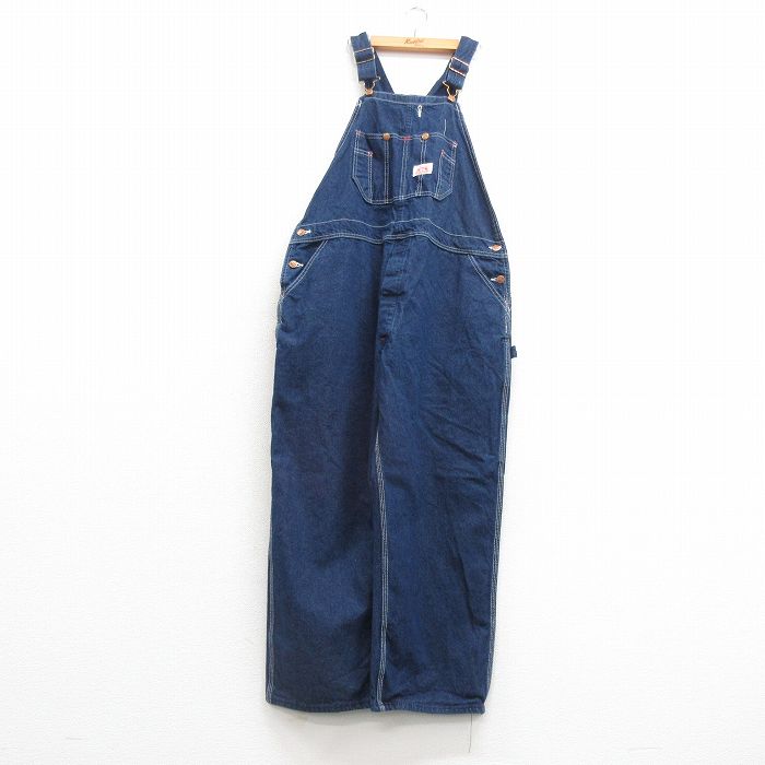 W44★古着 ラウンドハウス オーバーオール メンズ 90年代 90s 大きいサイズ コットン USA製 濃紺 ネイビー デニム 25mar22 中古 ボトムス