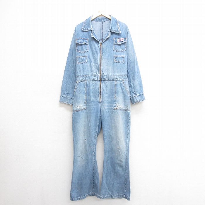 W41★古着 リバティ 長袖 ベイカー ツナギ メンズ 90年代 90s フレア 大きいサイズ 開襟 オープンカラー コットン タロン 紺 ネイビー デニム 【spe】 25jun24 中古 オールインワン ボトムス