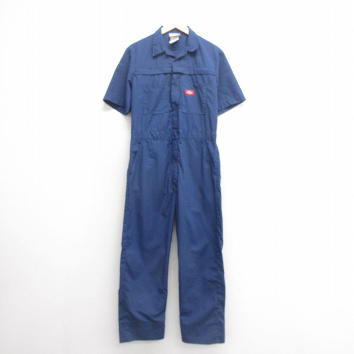 W37★古着 ディッキーズ Dickies 半袖 ワーク ツナギ メンズ 00年代 00s 開襟 オープンカラー 紺 ネイビー 25jun24 中古 オールインワン ボトムス