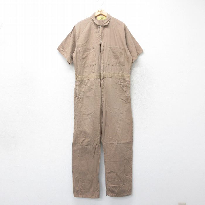 W41★古着 半袖 ワーク ツナギ メンズ 90年代 90s ヘリンボーン 大きいサイズ コットン USA製 薄茶 ブラウン 25jul05 中古 オールインワン ボトムス