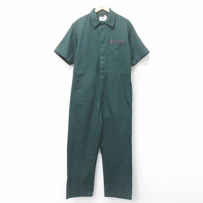 【20%OFF】W38★古着 半袖 ワーク ツナギ メンズ 90年代 90s USA製 濃緑 グリーン 25jul05 中古 オールインワン ボトムス