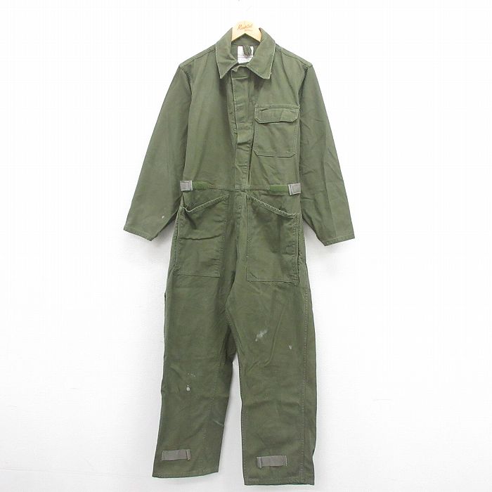 W34★古着 長袖 ミリタリー ベイカー ツナギ メンズ 90年代 90s コットン USA製 緑 グリーン 25aug22 中古 オールインワン ボトムス