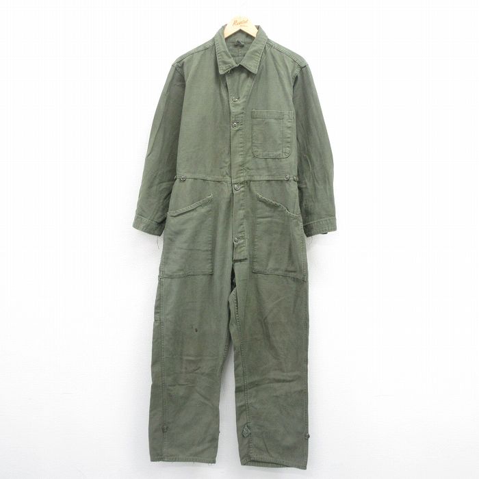 W33★古着 長袖 ミリタリー ベイカー ツナギ メンズ 80年代 80s 緑 グリーン 25aug22 中古 オールインワン ボトムス