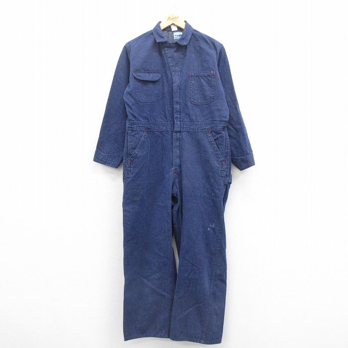 W36★古着 ラングラー Wrangler 長袖 ツナギ メンズ 80年代 80s USA製 濃紺 ネイビー デニム 25aug22 中古 オールインワン ボトムス