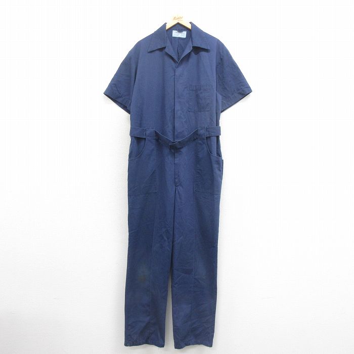 【20%OFF】W45★古着 半袖　ワーク ベイカー ツナギ メンズ 80年代 80s 大きいサイズ 開襟 オープンカラー USA製 タロン 青 ブルー 25oct22 中古 オールインワン ボトムス