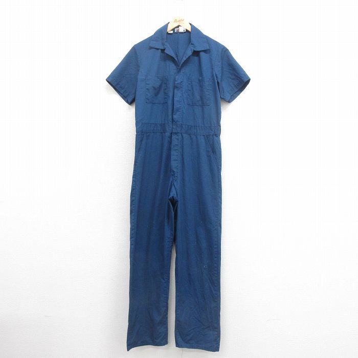 W35★古着 ディッキーズ Dickies 半袖 ワーク ツナギ メンズ 90年代 90s 開襟 オープンカラー USA製 紺 ネイビー 【spe】 25oct22 中古 オールインワン ボトムス