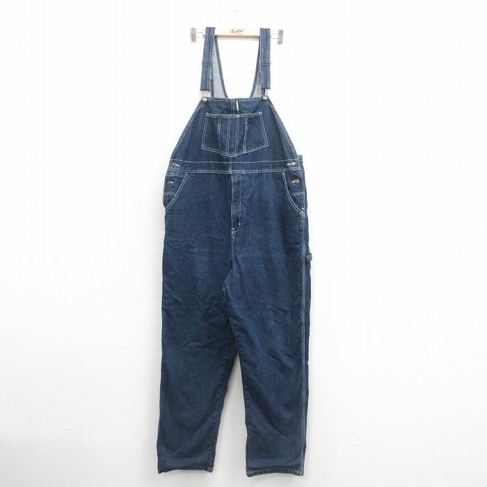 W45★古着 オーバーオール メンズ 大きいサイズ コットン 濃紺 ネイビー デニム 25oct22 中古 ボトムス