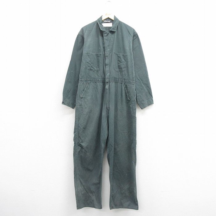 W44★古着 ダブルウェア 長袖 ワーク ツナギ メンズ 80年代 80s 大きいサイズ コの字留め コットン 緑 グリーン 25nov01 中古 オールインワン ボトムス