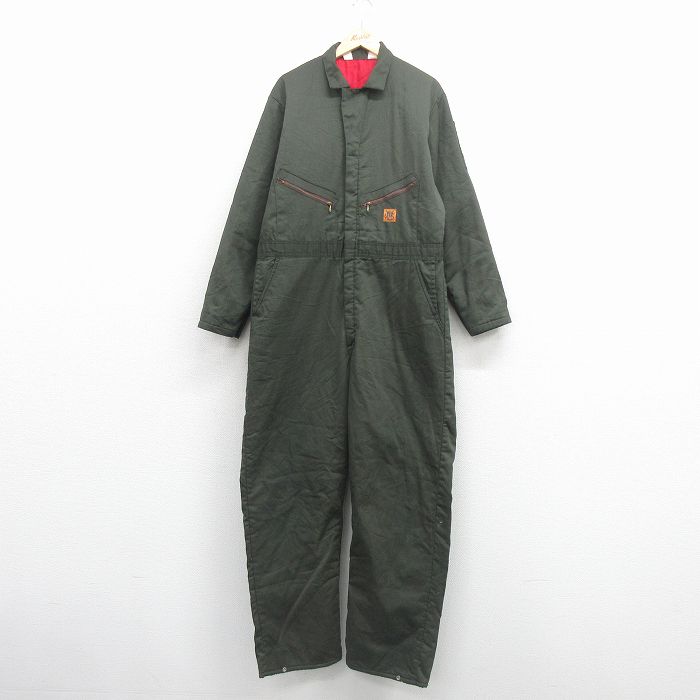W42★古着 長袖 ツナギ メンズ 90年代 90s 大きいサイズ USA製 タロン 濃緑 内側キルティング 26jan24