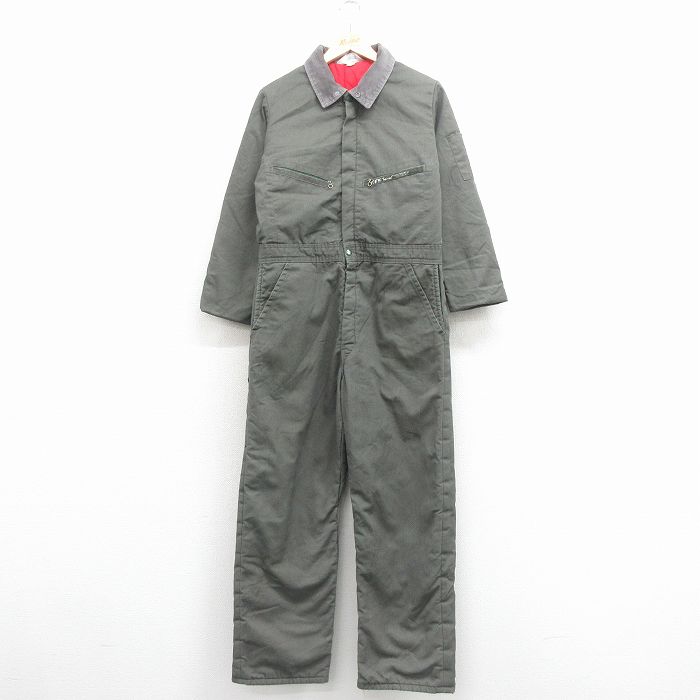 W38★古着 キー KEY 長袖 ビンテージ ツナギ メンズ 70年代 70s 襟コーデュロイ USA製 タロン 濃緑 内側キルティング 26jan24