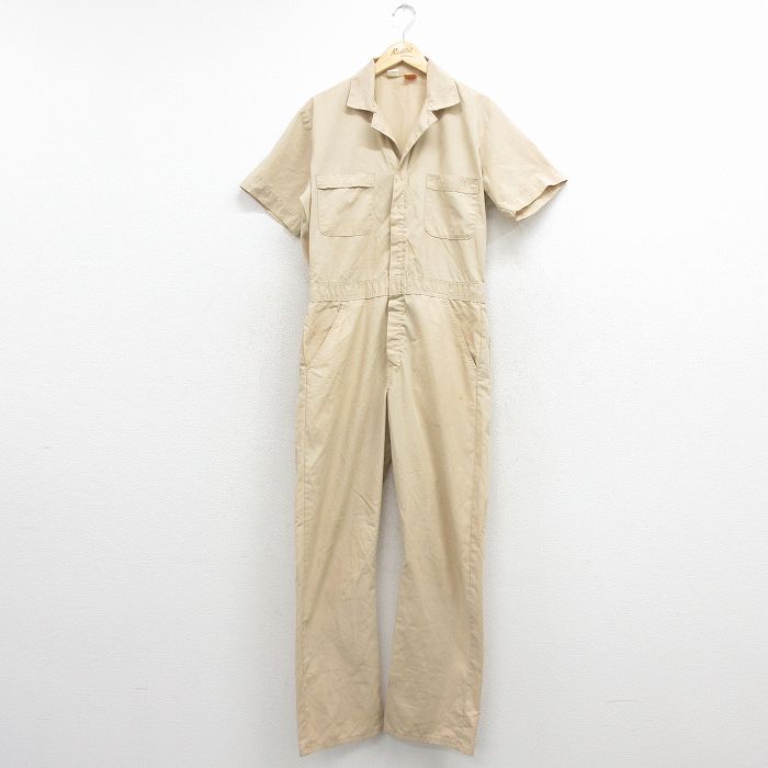 W33★古着 ビッグベン 半袖 ワーク ツナギ メンズ 80年代 80s 開襟 オープンカラー USA製 タロン ベージュ 26mar14