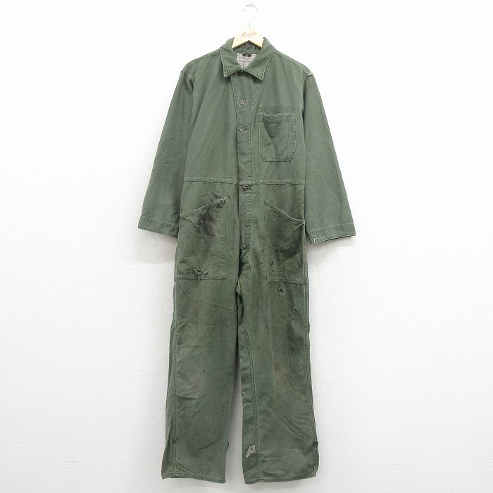 W35★古着 長袖 ミリタリー ベイカー ツナギ メンズ 80年代 80s ボロ ことtン USA製 濃緑 26mar14