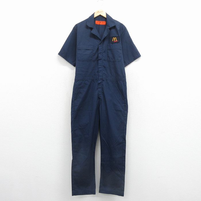 W38★古着 レッドキャップ 半袖 ワーク ツナギ メンズ 90年代 90s マクドナルド 開襟 オープンカラー USA製 ネイビー 26jun26