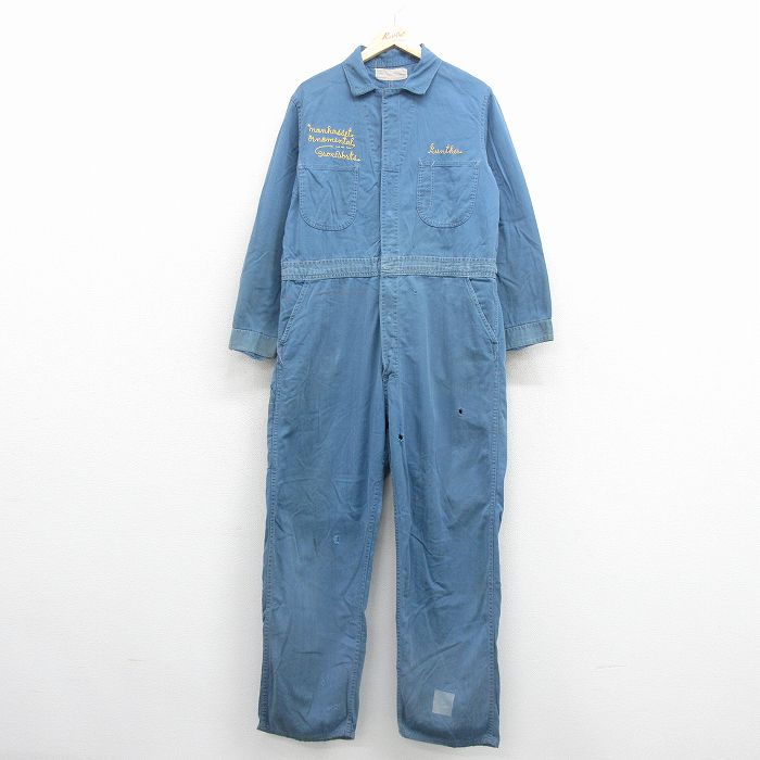 W43★古着 長袖 ワーク ツナギ メンズ 80年代 80s ヘリンボーン 大きいサイズ コットン USA製 ブルー 26jun26